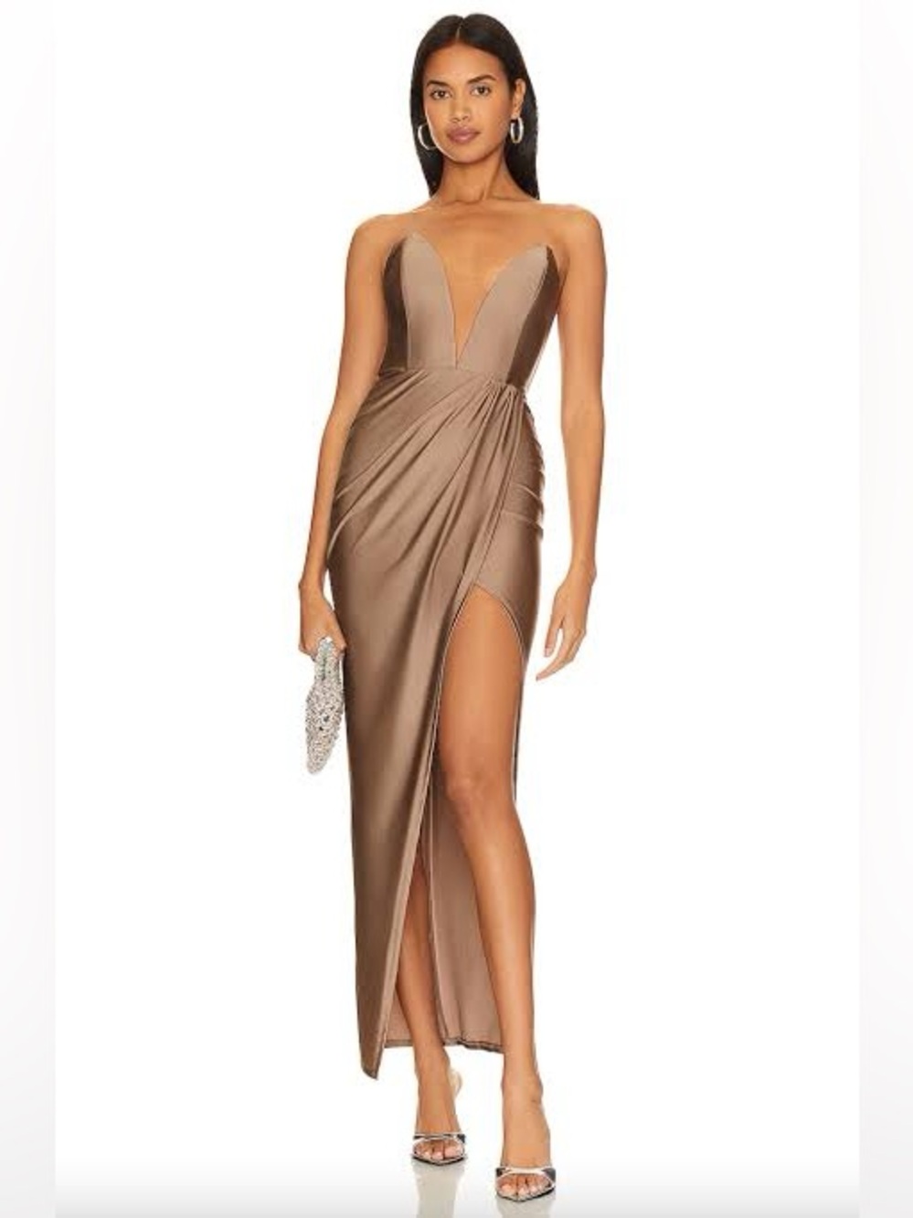 NWT Michael Costello x REVOLVE Jake Gown Taupe Bronze Strapless High Slit S